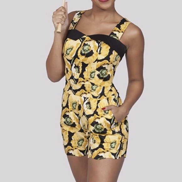 Tatyana Pants - Bettie Page Tatyana Yellow Poppy Floral Romper